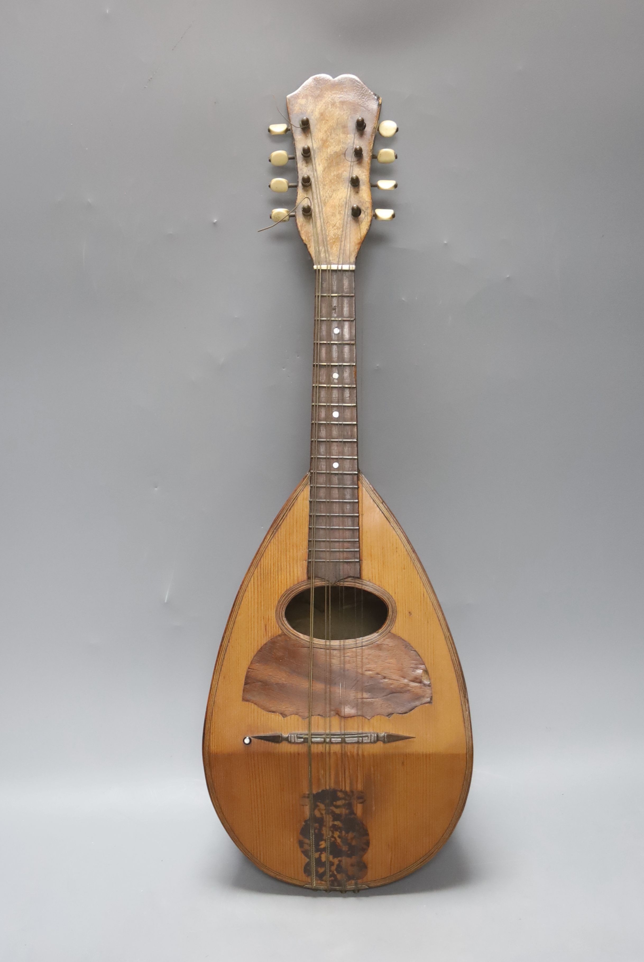 A late 19th century Neapolitan inlaid bowl mandolin, labelled to interior Paolo Valiani, 59cm.